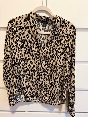 Halogen Black and Beige Leopard-Print Wrap Blouse